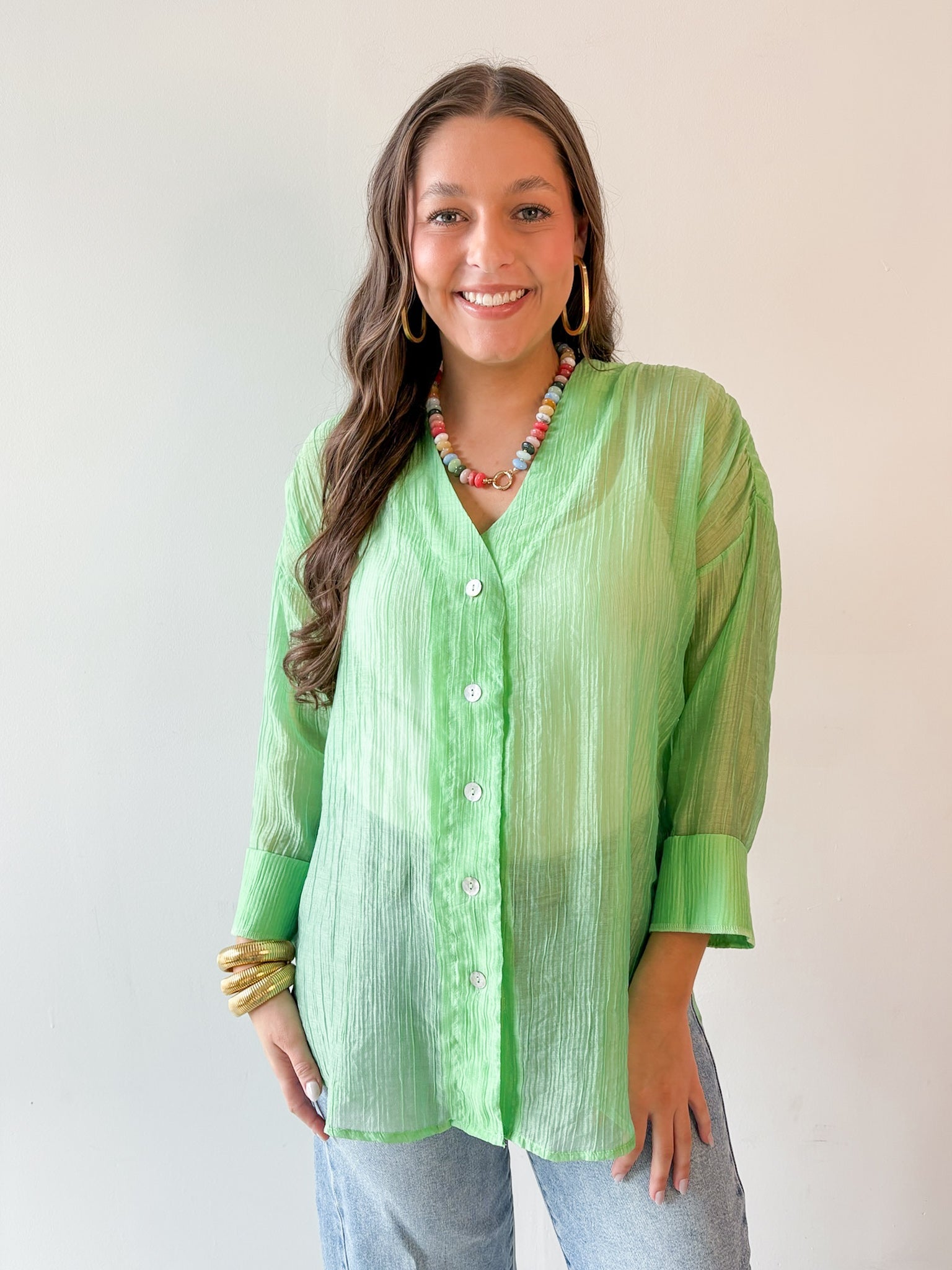 Crinkled Button Up Top - Mint
