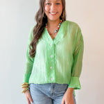 Crinkled Button Up Top - Mint