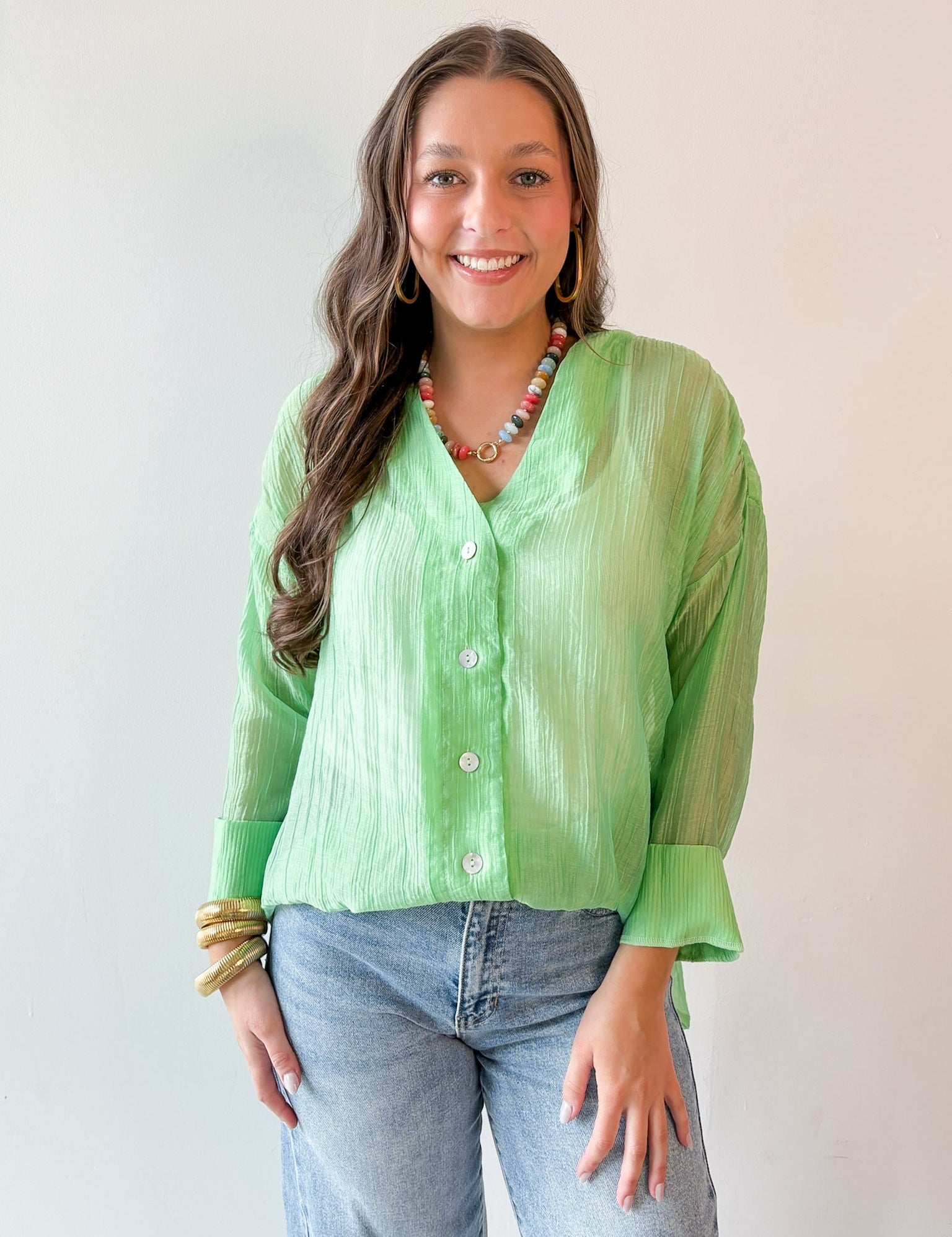 Crinkled Button Up Top - Mint