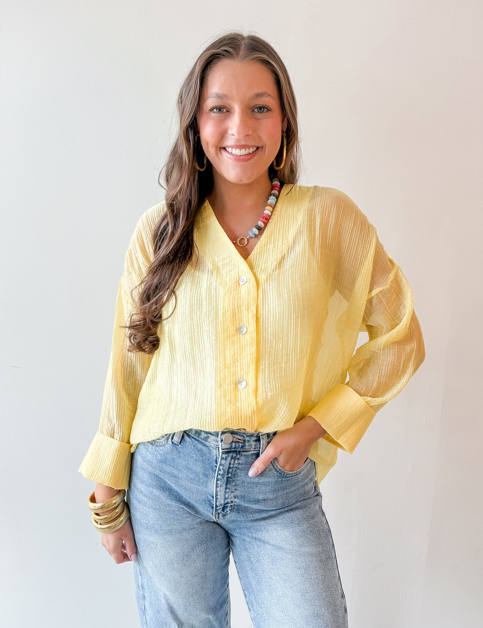 Crinkled Button up Top - Yellow