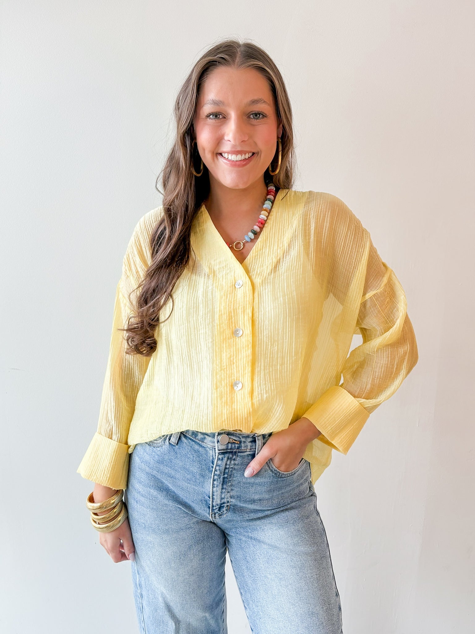 Crinkled Button up Top - Yellow