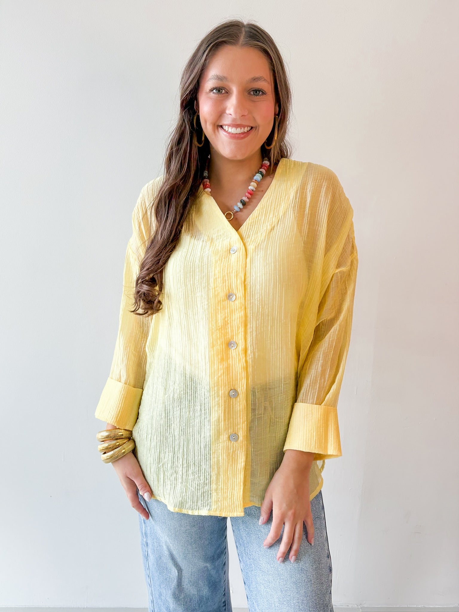 Crinkled Button up Top - Yellow
