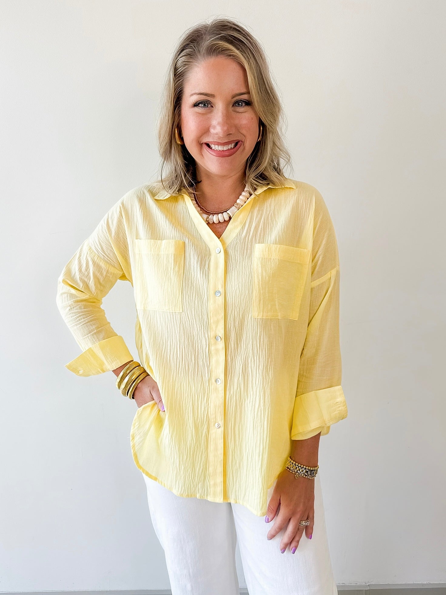 Crinkled Top with Front Pockets