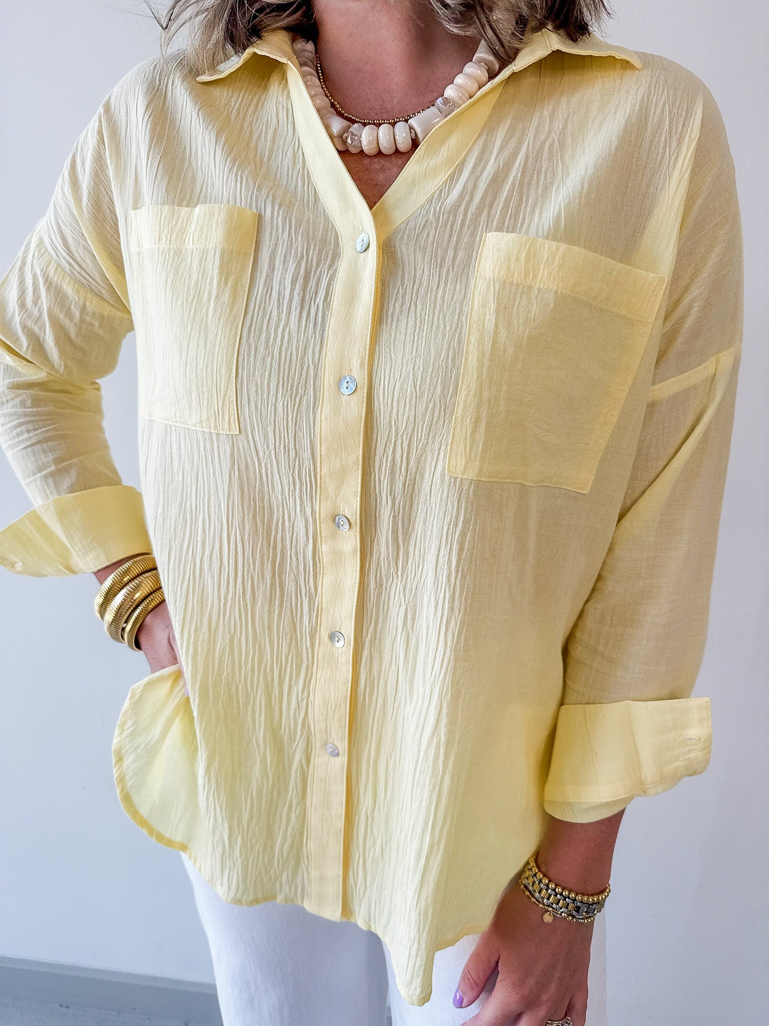 Crinkled Top with Front Pockets