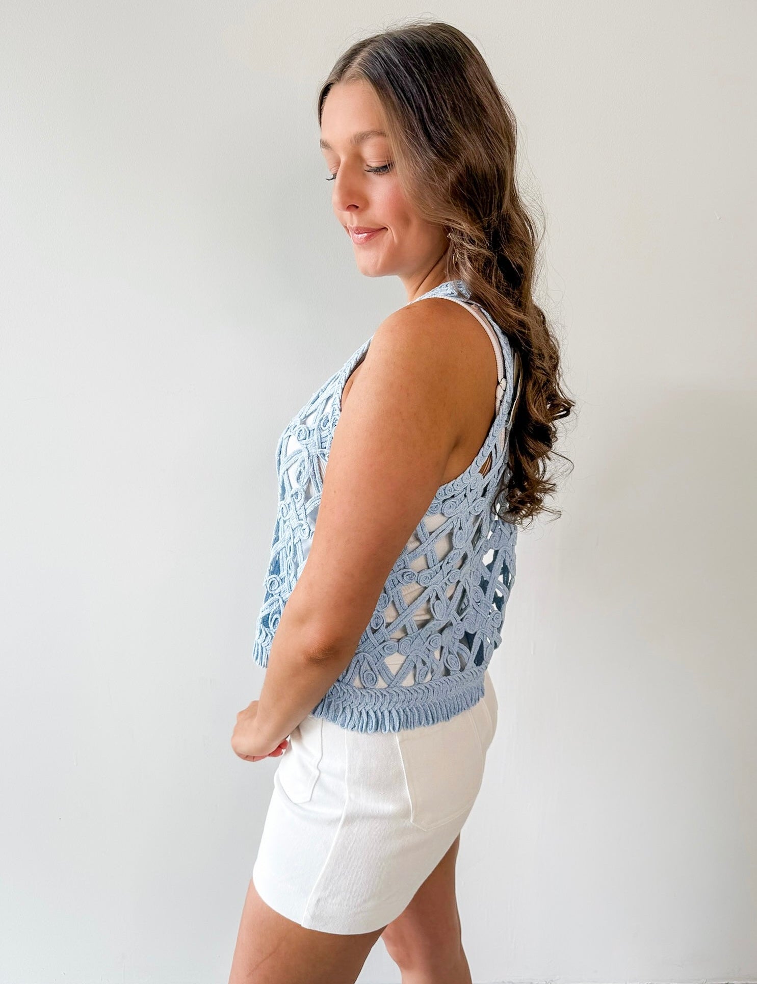 Crochet Cropped Fringe Top - Deep Sky