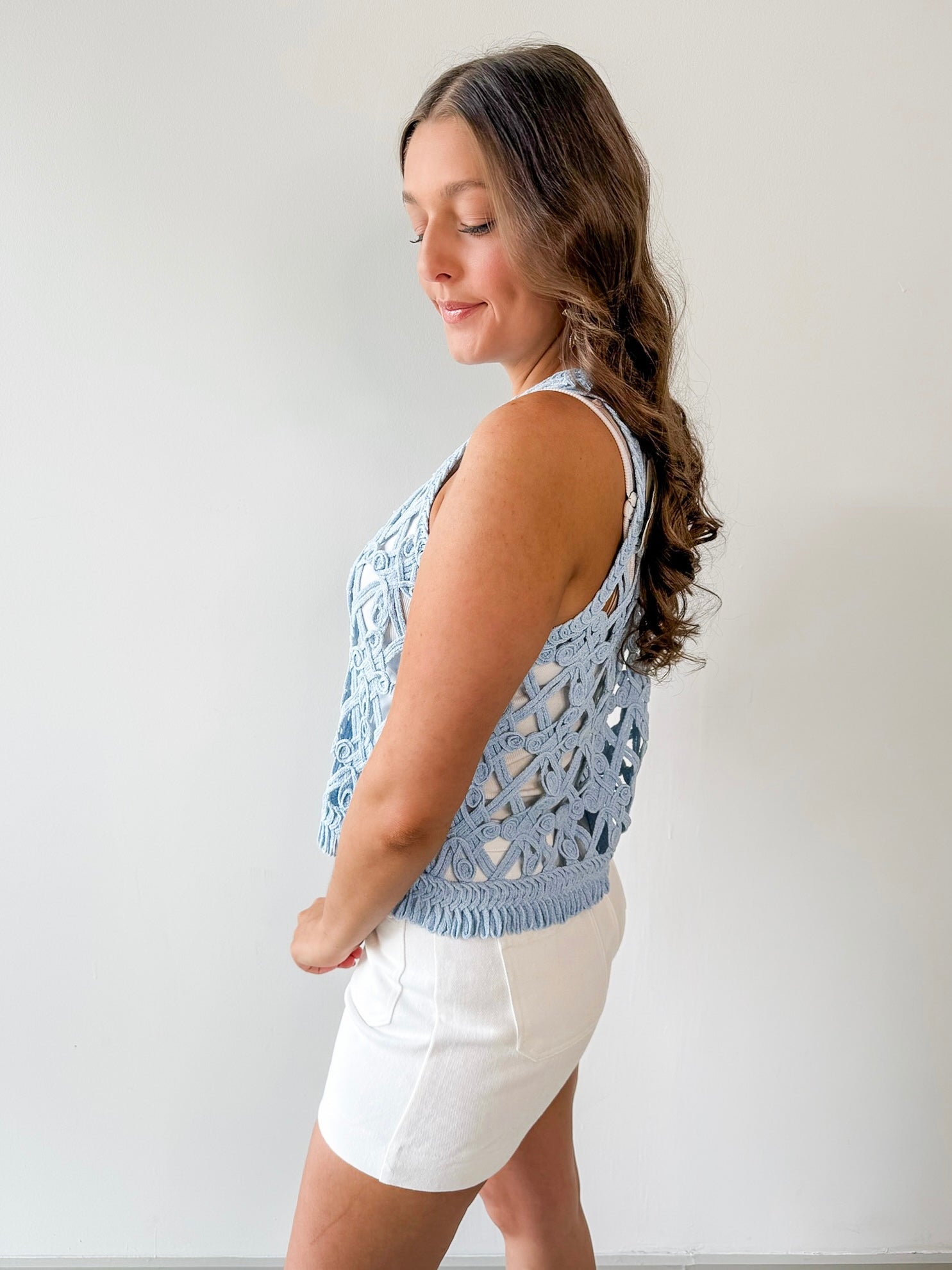 Crochet Cropped Fringe Top - Deep Sky