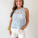Crochet Cropped Fringe Top - Deep Sky