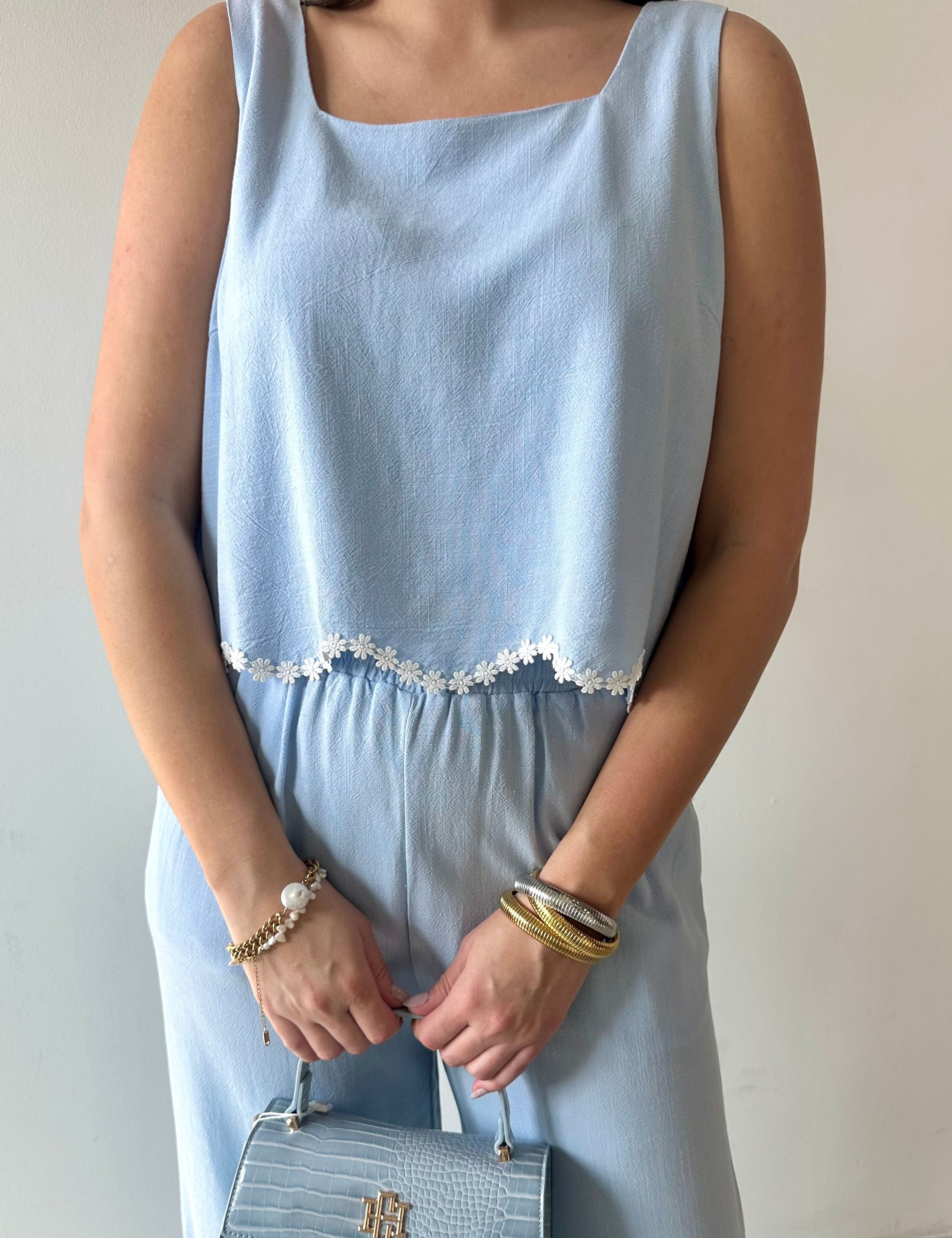 Crochet Detail Linen Top & Pant Set