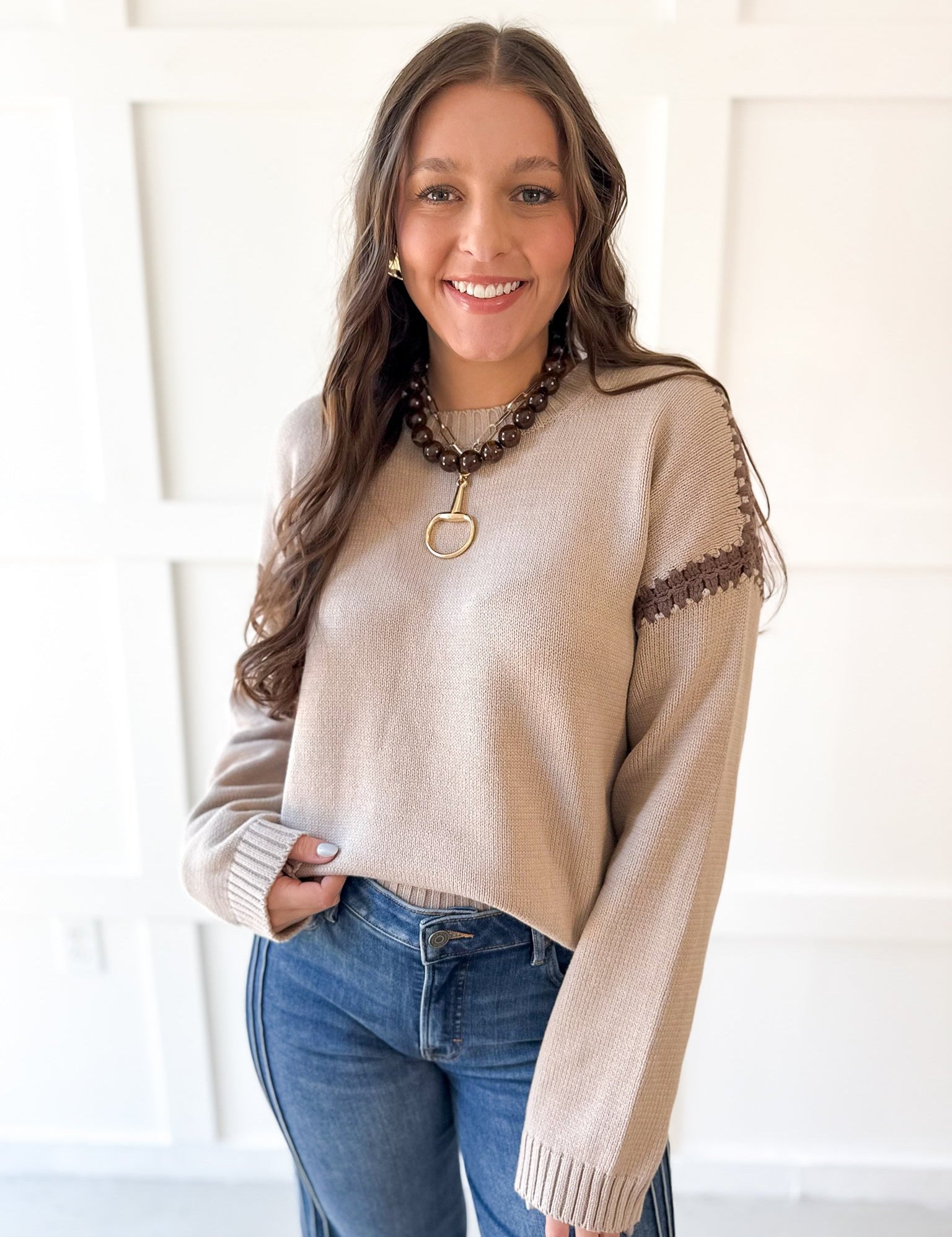 Crochet Stitch Drop Shoulder Sweater - Coco