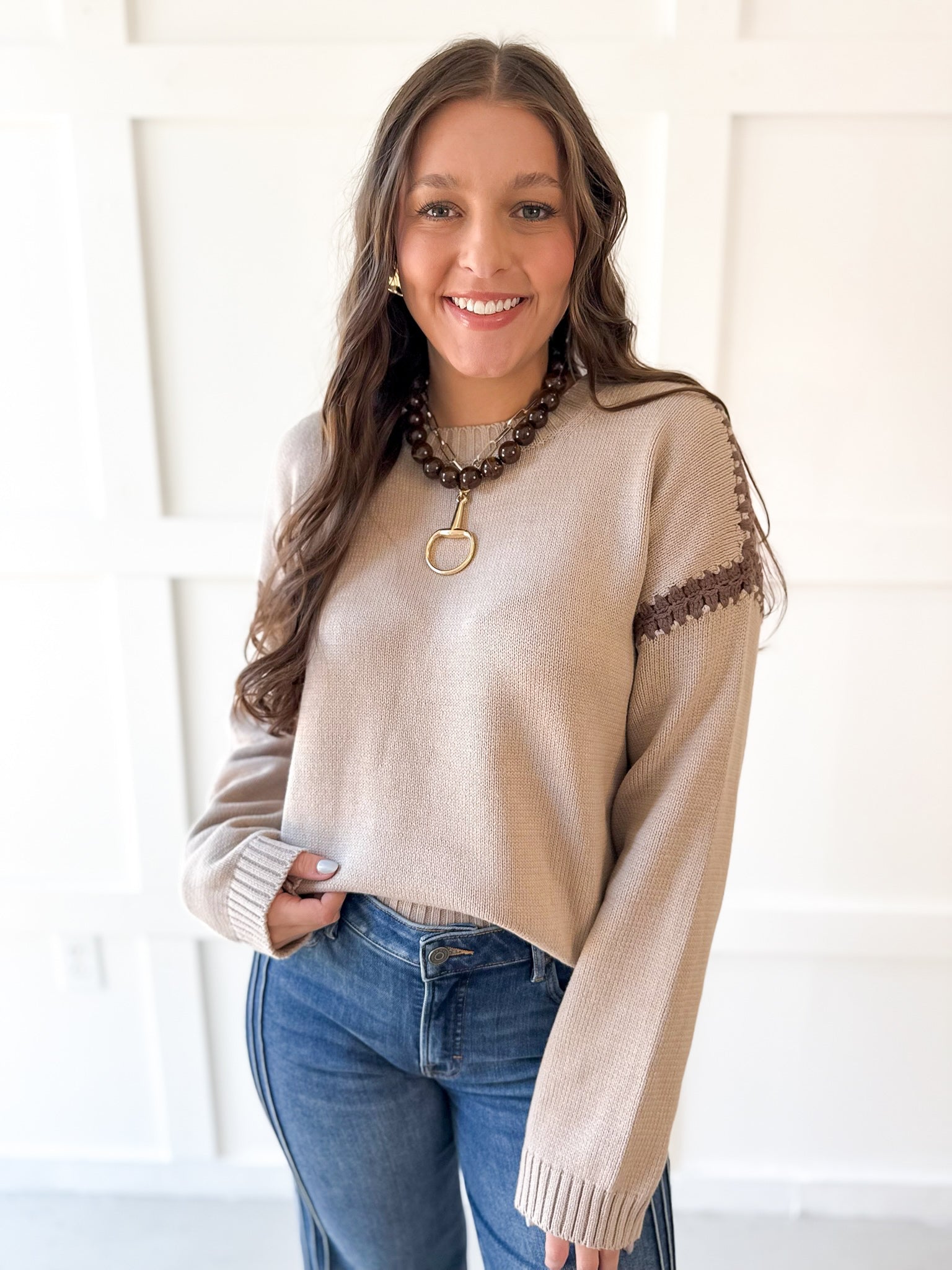 Crochet Stitch Drop Shoulder Sweater - Coco