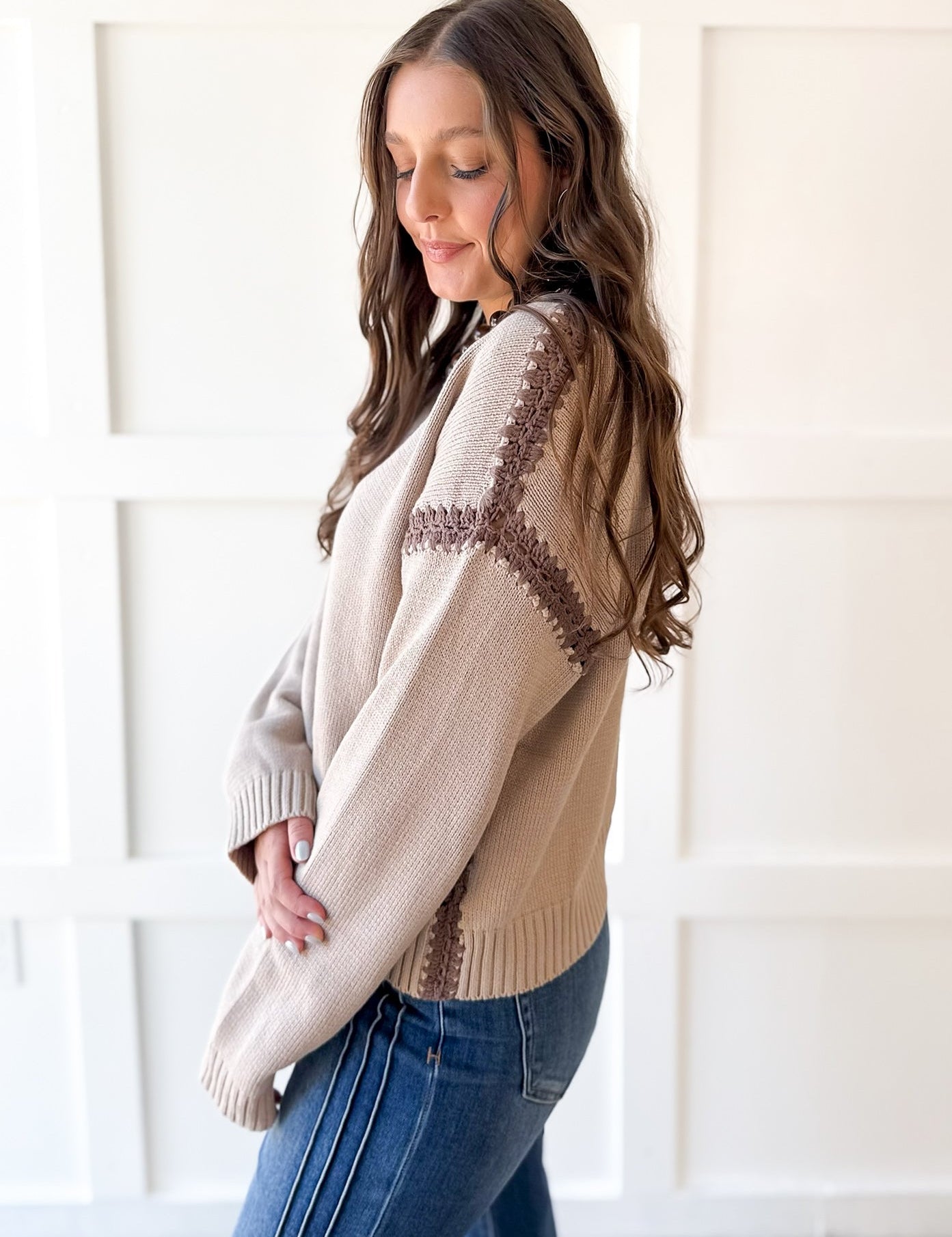 Crochet Stitch Drop Shoulder Sweater - Coco