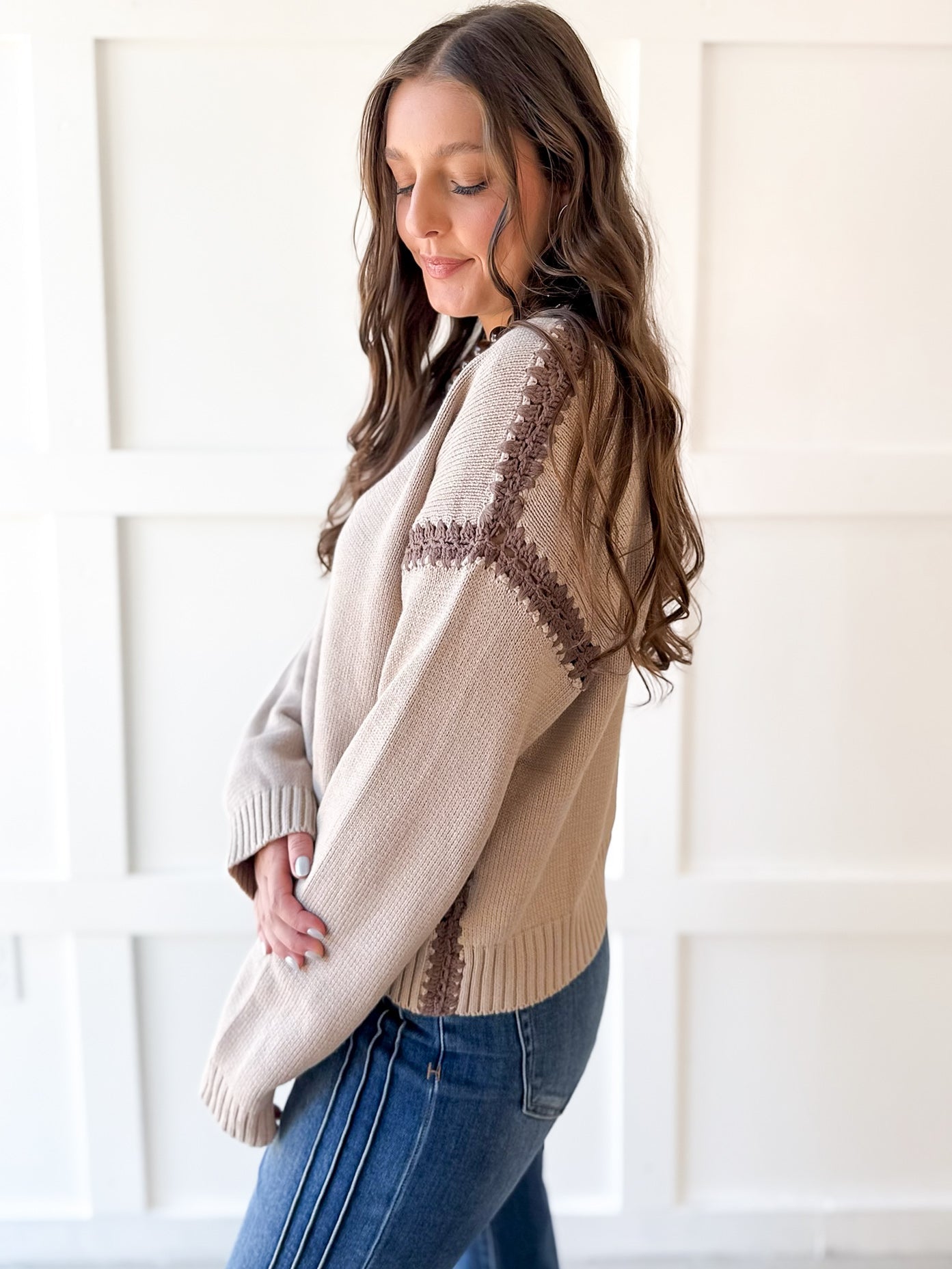 Crochet Stitch Drop Shoulder Sweater - Coco