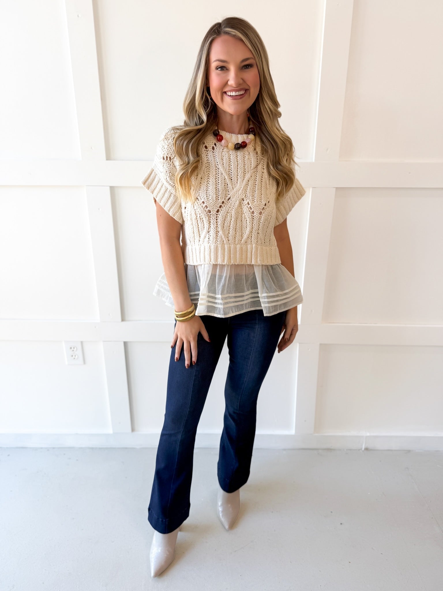 Crochet Twofer with Peplum Top - Cream