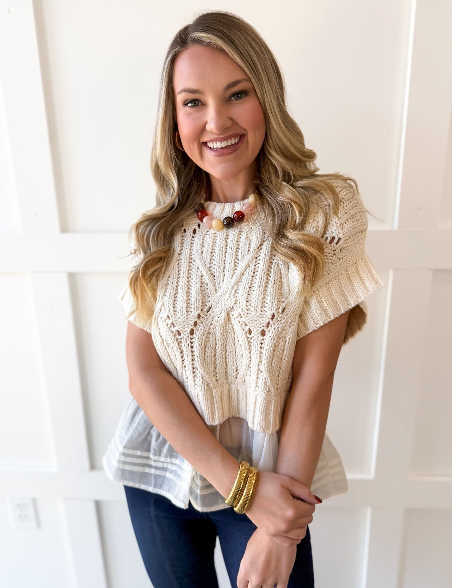 Crochet Twofer with Peplum Top - Cream