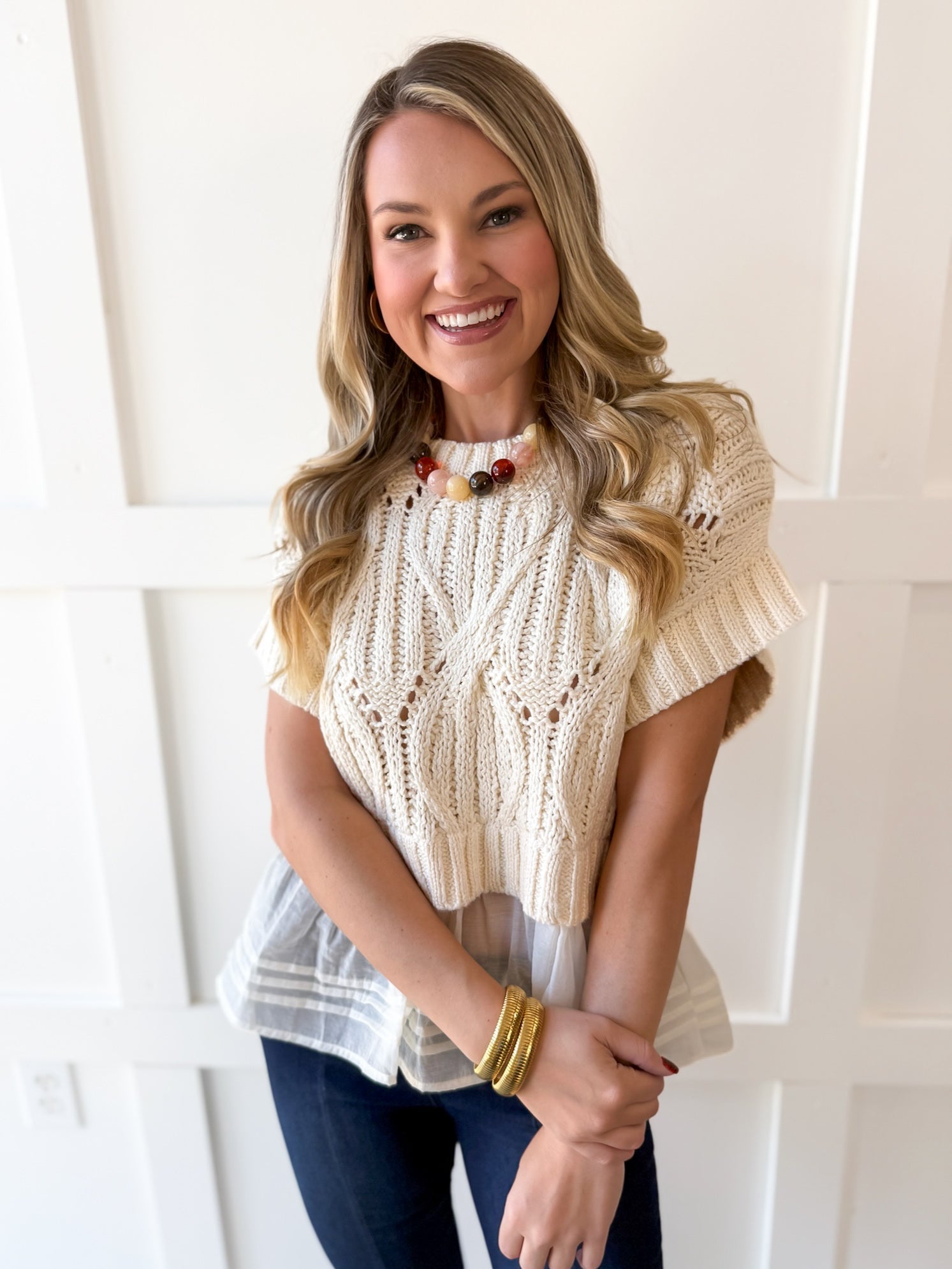 Crochet Twofer with Peplum Top - Cream