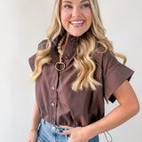 Cropped Elastic Bubble Hem Top - Brown