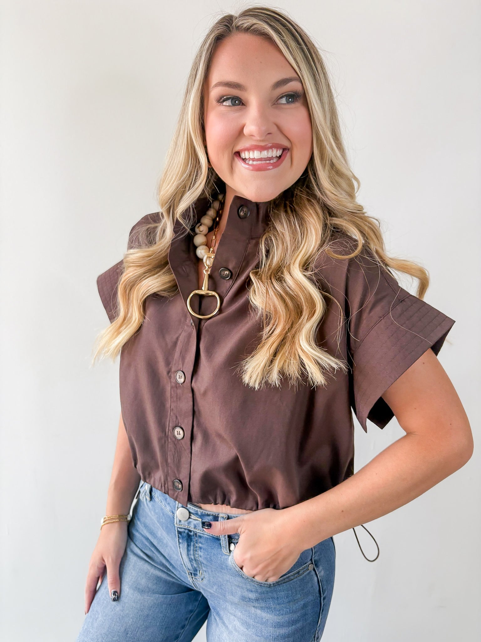 Cropped Elastic Bubble Hem Top - Brown
