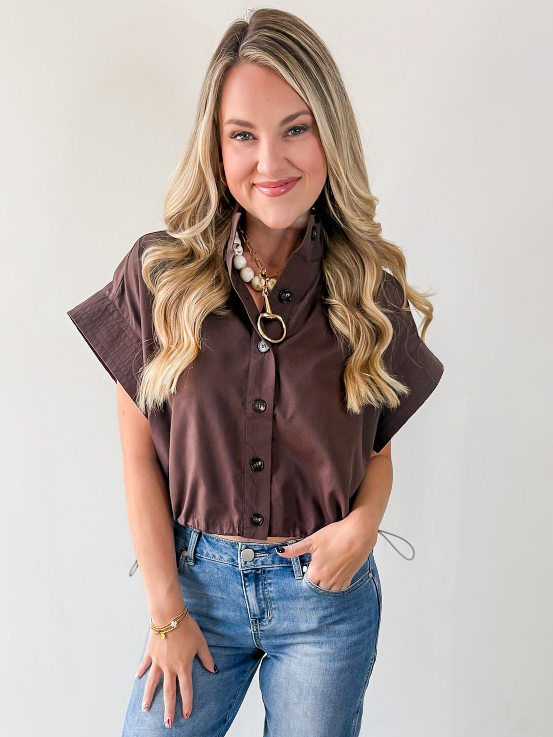 Cropped Elastic Bubble Hem Top - Brown