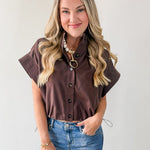 Cropped Elastic Bubble Hem Top - Brown
