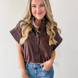 Cropped Elastic Bubble Hem Top - Brown