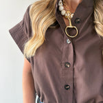 Cropped Elastic Bubble Hem Top - Brown