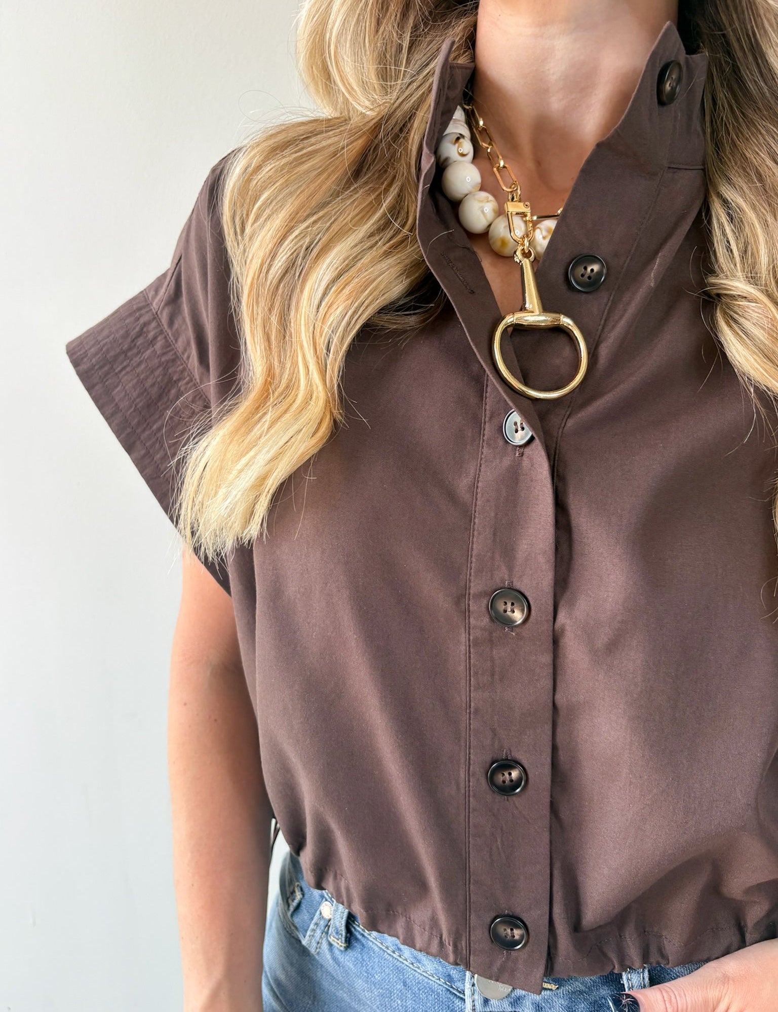 Cropped Elastic Bubble Hem Top - Brown