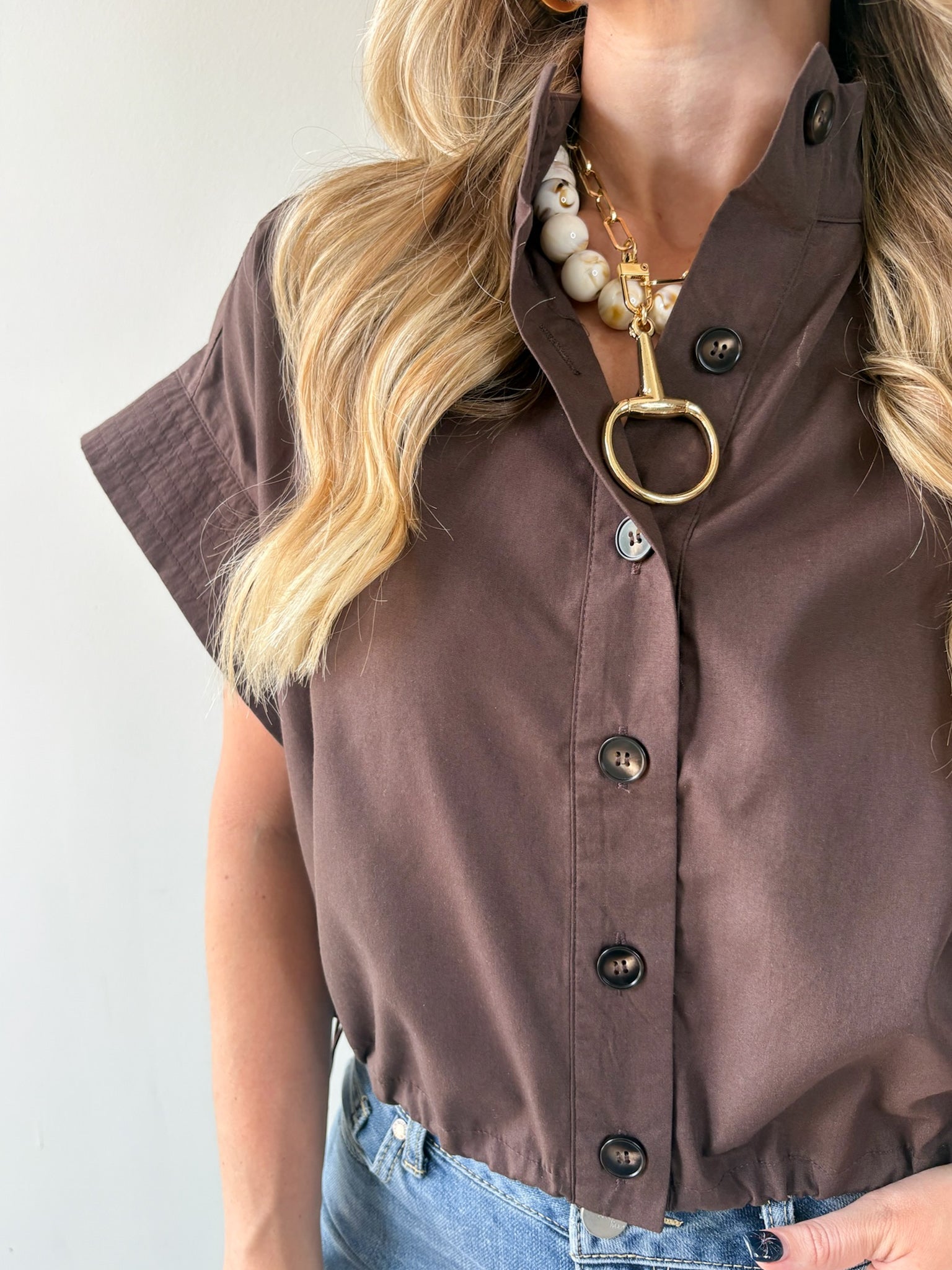 Cropped Elastic Bubble Hem Top - Brown