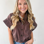 Cropped Elastic Bubble Hem Top - Brown