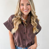 Cropped Elastic Bubble Hem Top - Brown