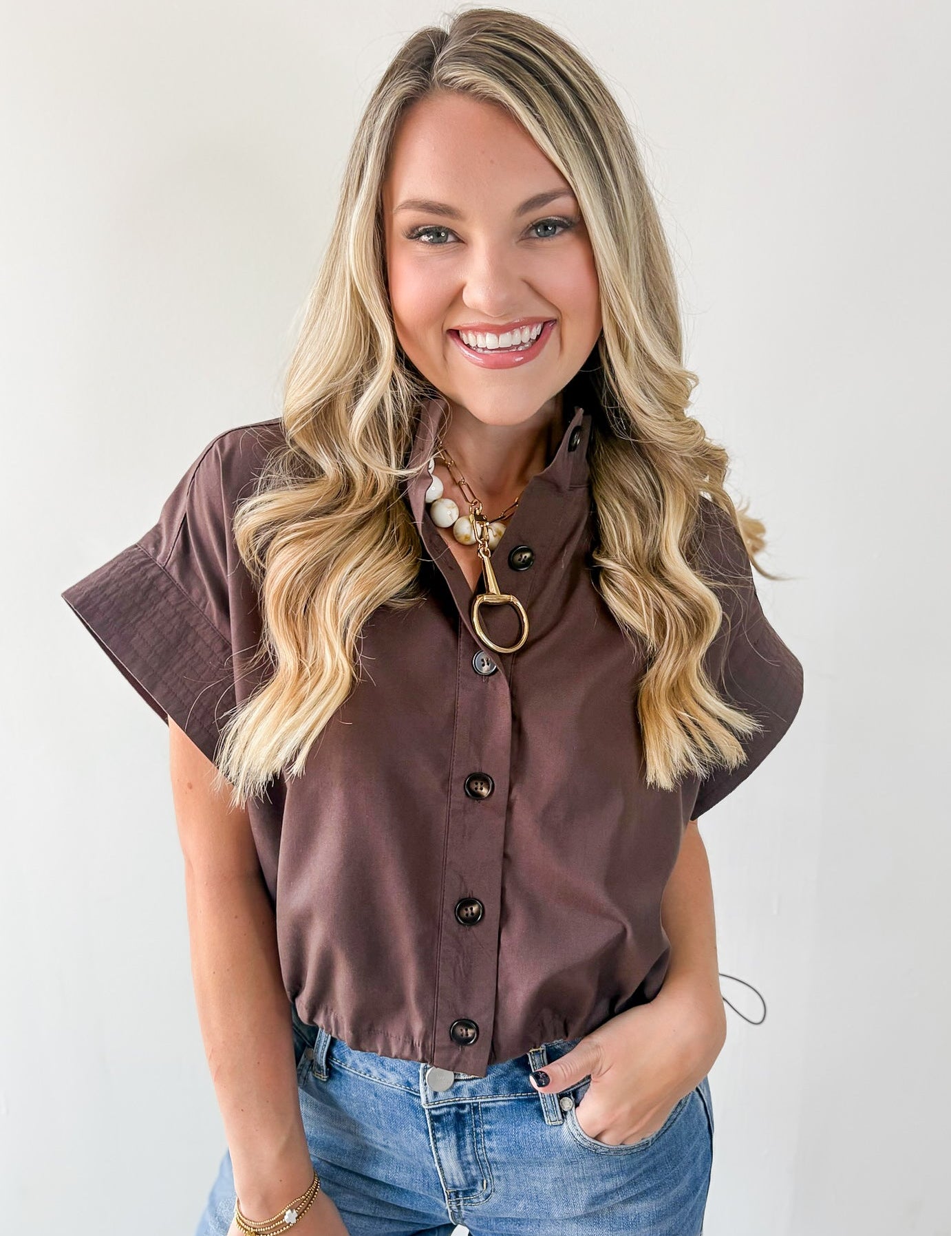 Cropped Elastic Bubble Hem Top - Brown