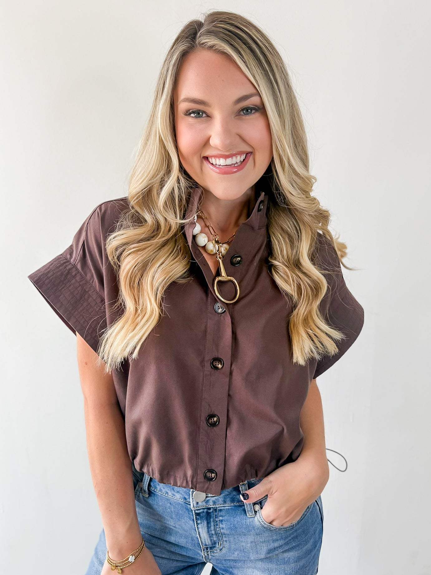 Cropped Elastic Bubble Hem Top - Brown