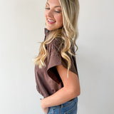 Cropped Elastic Bubble Hem Top - Brown
