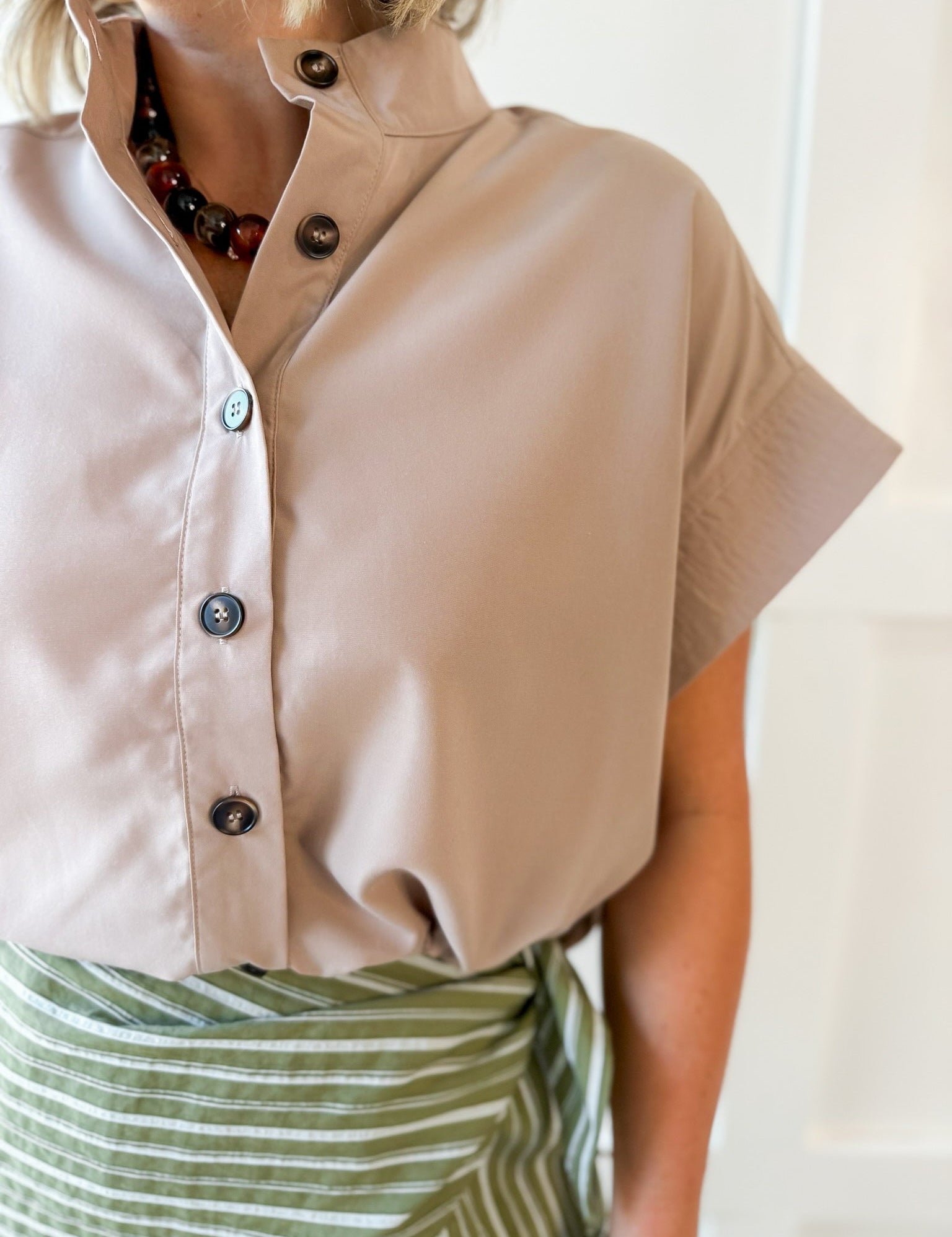 Cropped Elastic Bubble Hem Top - Taupe