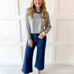 Cropped Knit Crew Sweater - Grey