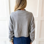 Cropped Knit Crew Sweater - Grey