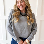 Cropped Knit Crew Sweater - Grey