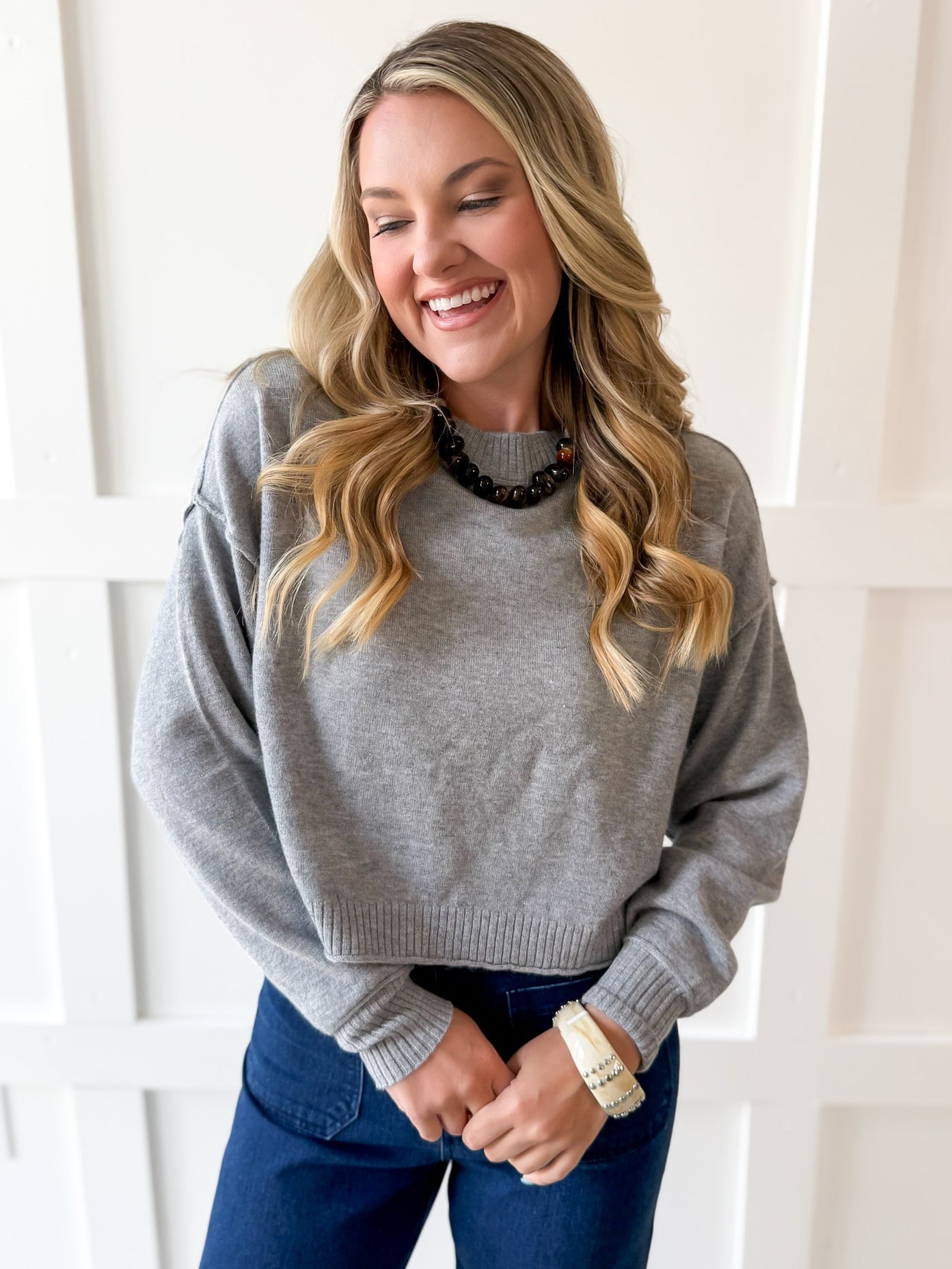 Cropped Knit Crew Sweater - Grey