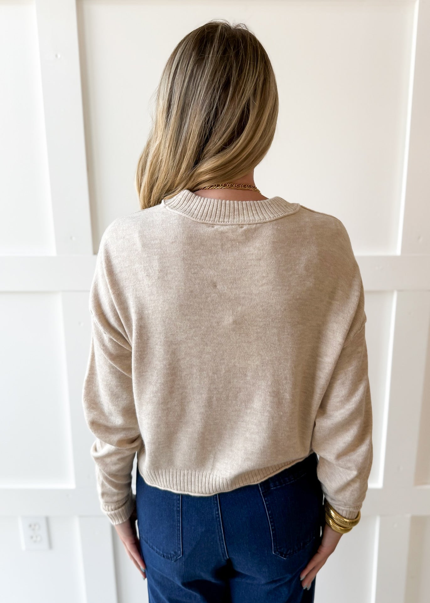 Cropped Knit Crew Sweater - Oatmeal