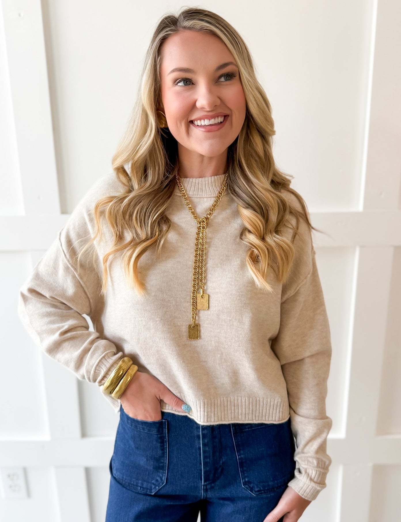 Cropped Knit Crew Sweater - Oatmeal