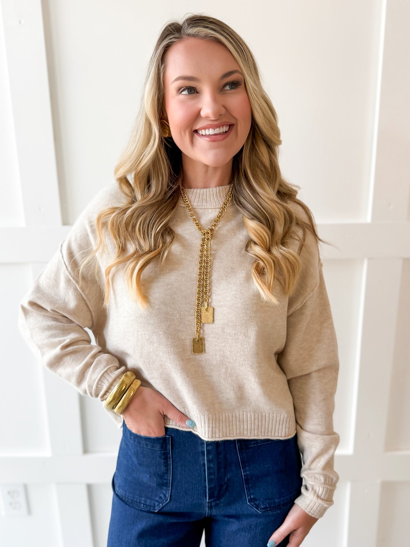 Cropped Knit Crew Sweater - Oatmeal