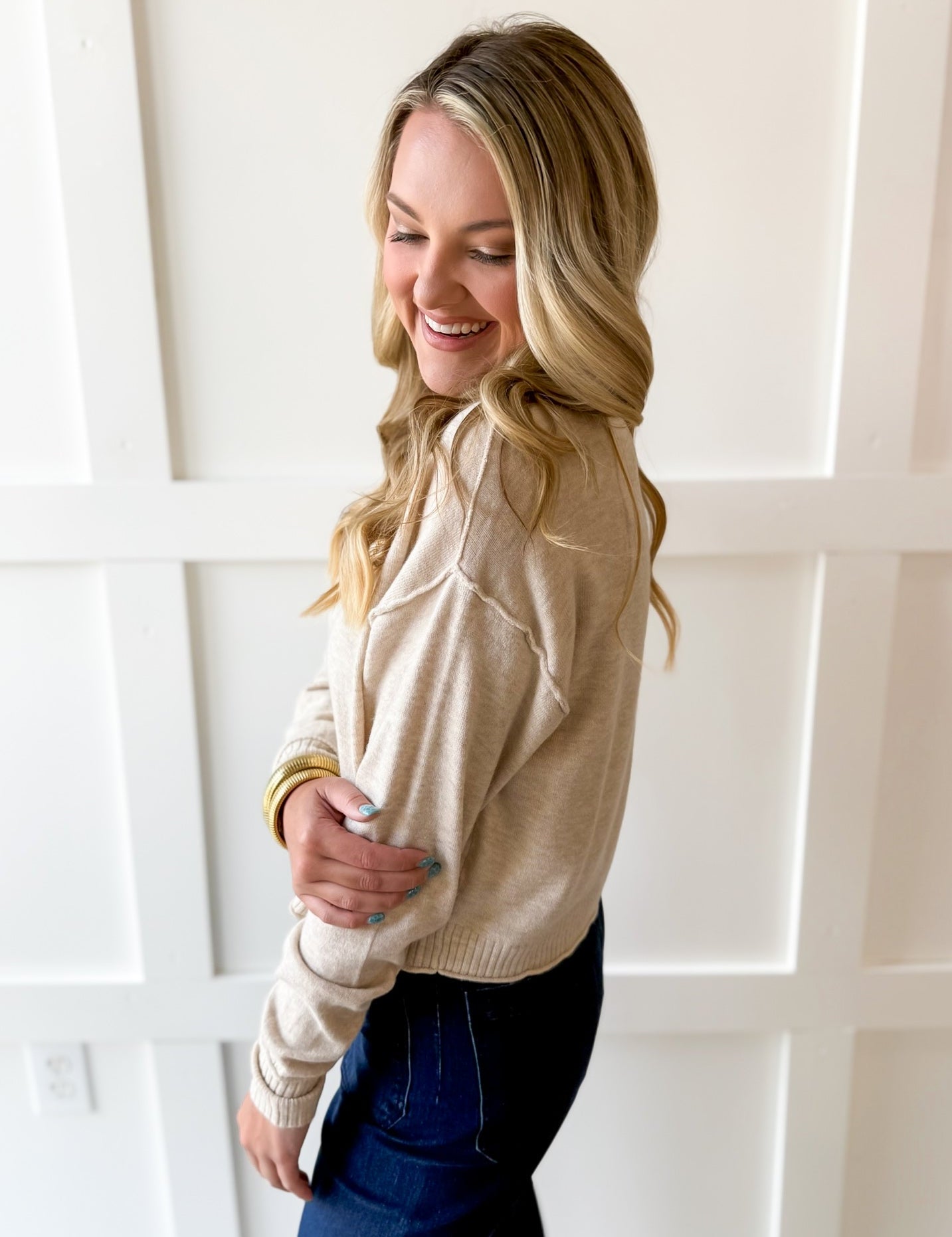 Cropped Knit Crew Sweater - Oatmeal