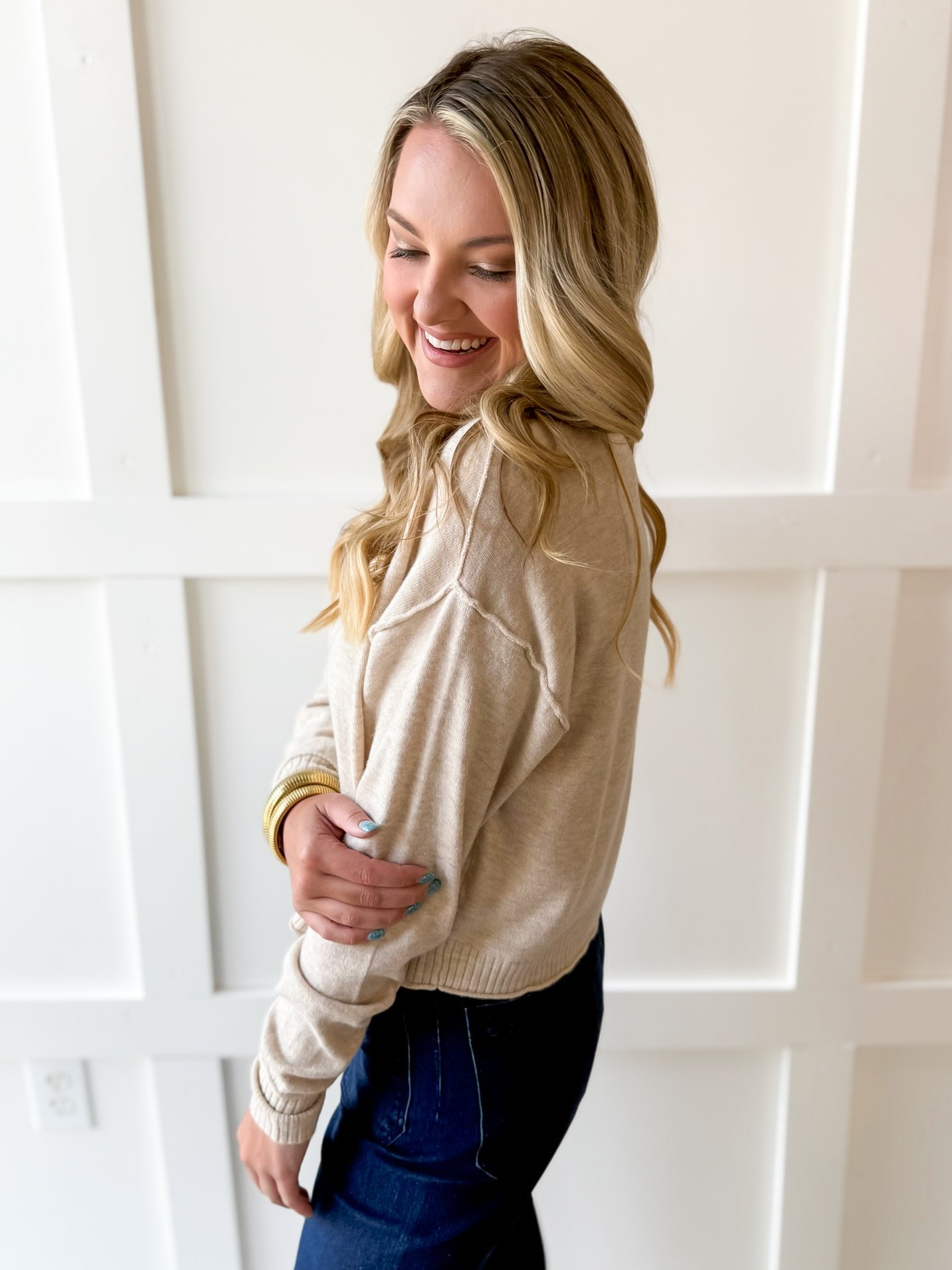 Cropped Knit Crew Sweater - Oatmeal