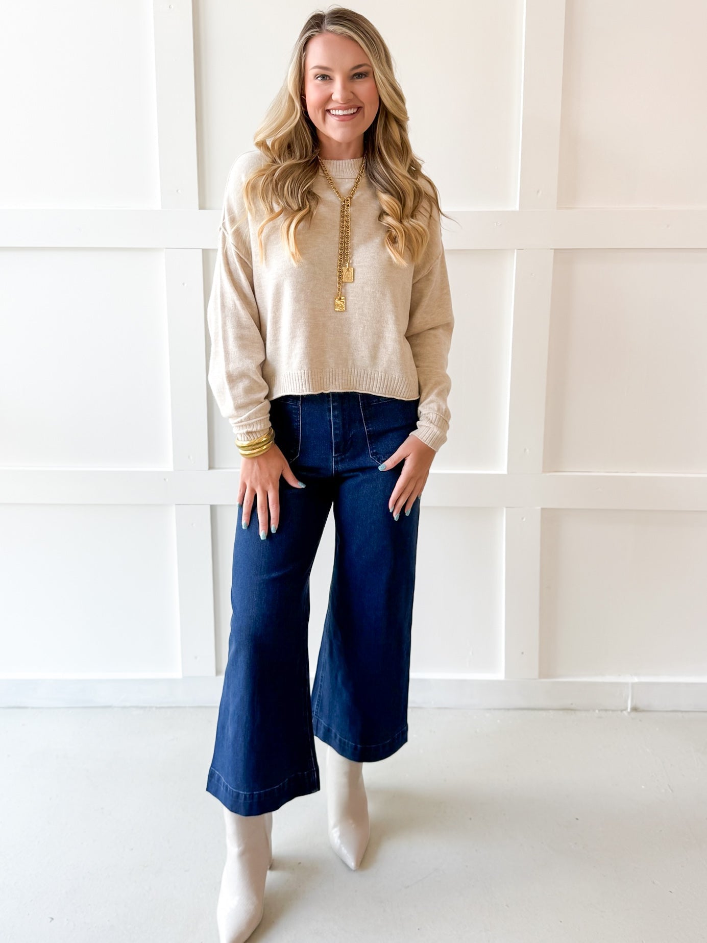 Cropped Knit Crew Sweater - Oatmeal