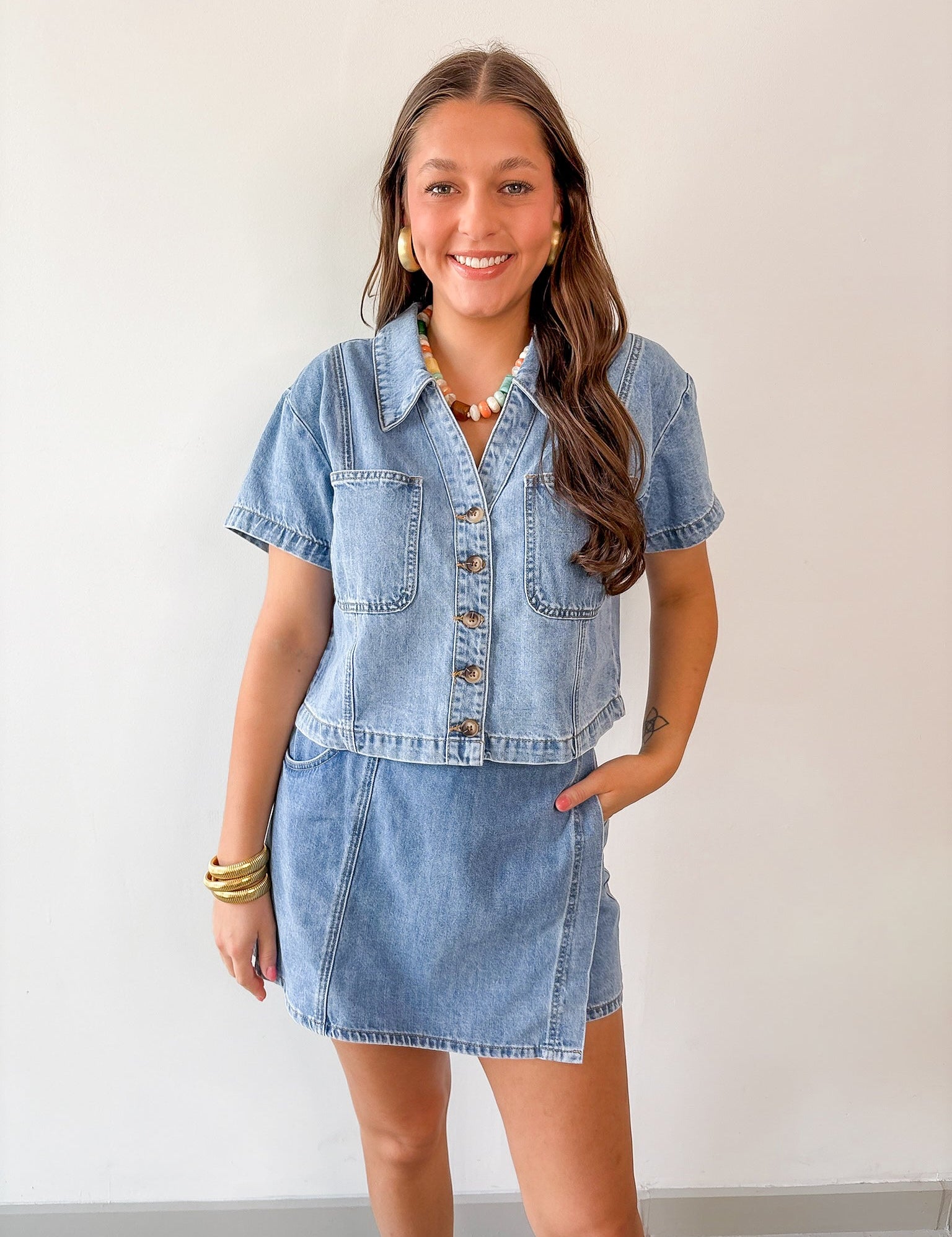 Denim Button - up Shirt & Skort Set