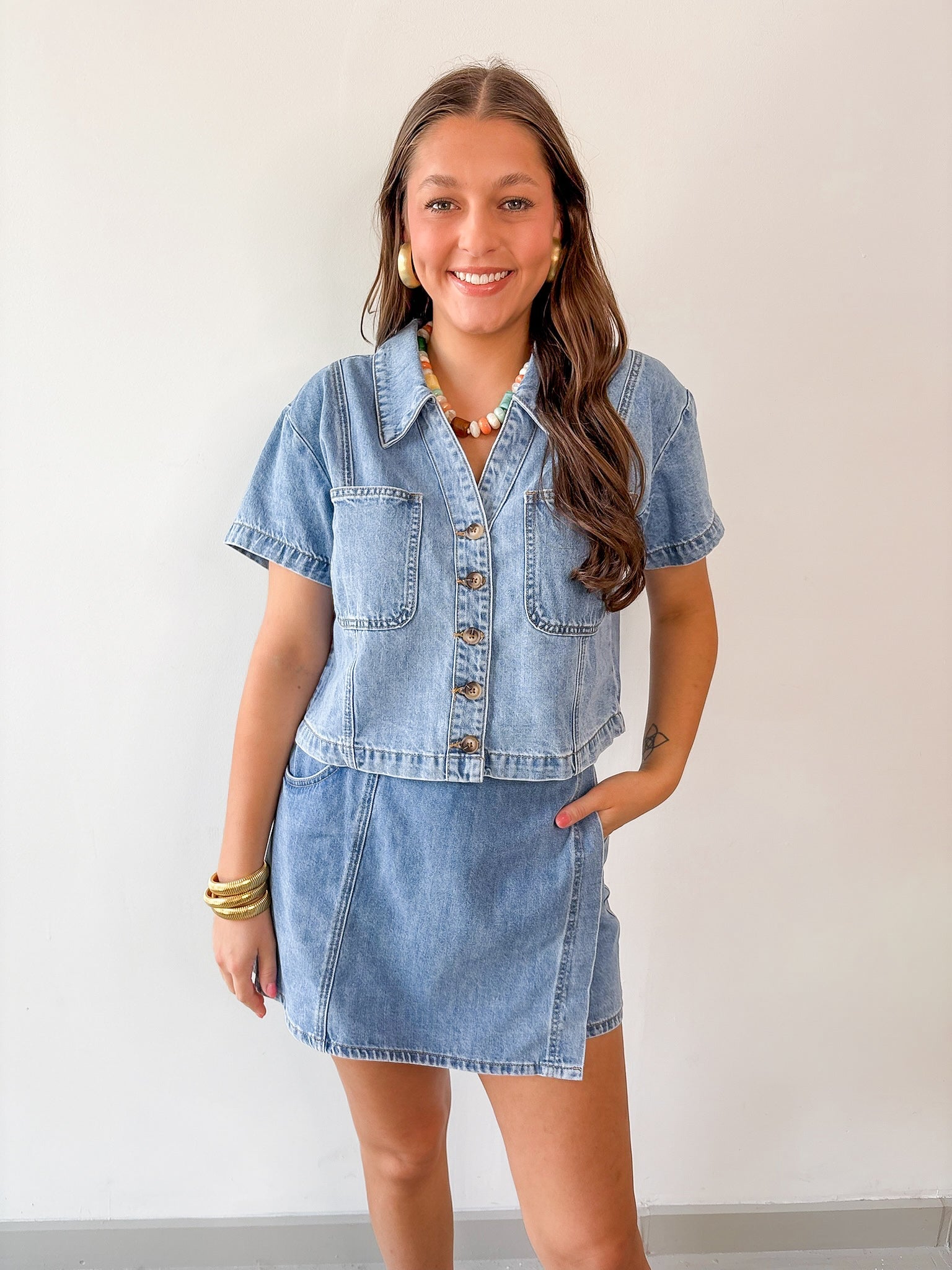 Denim Button - up Shirt & Skort Set