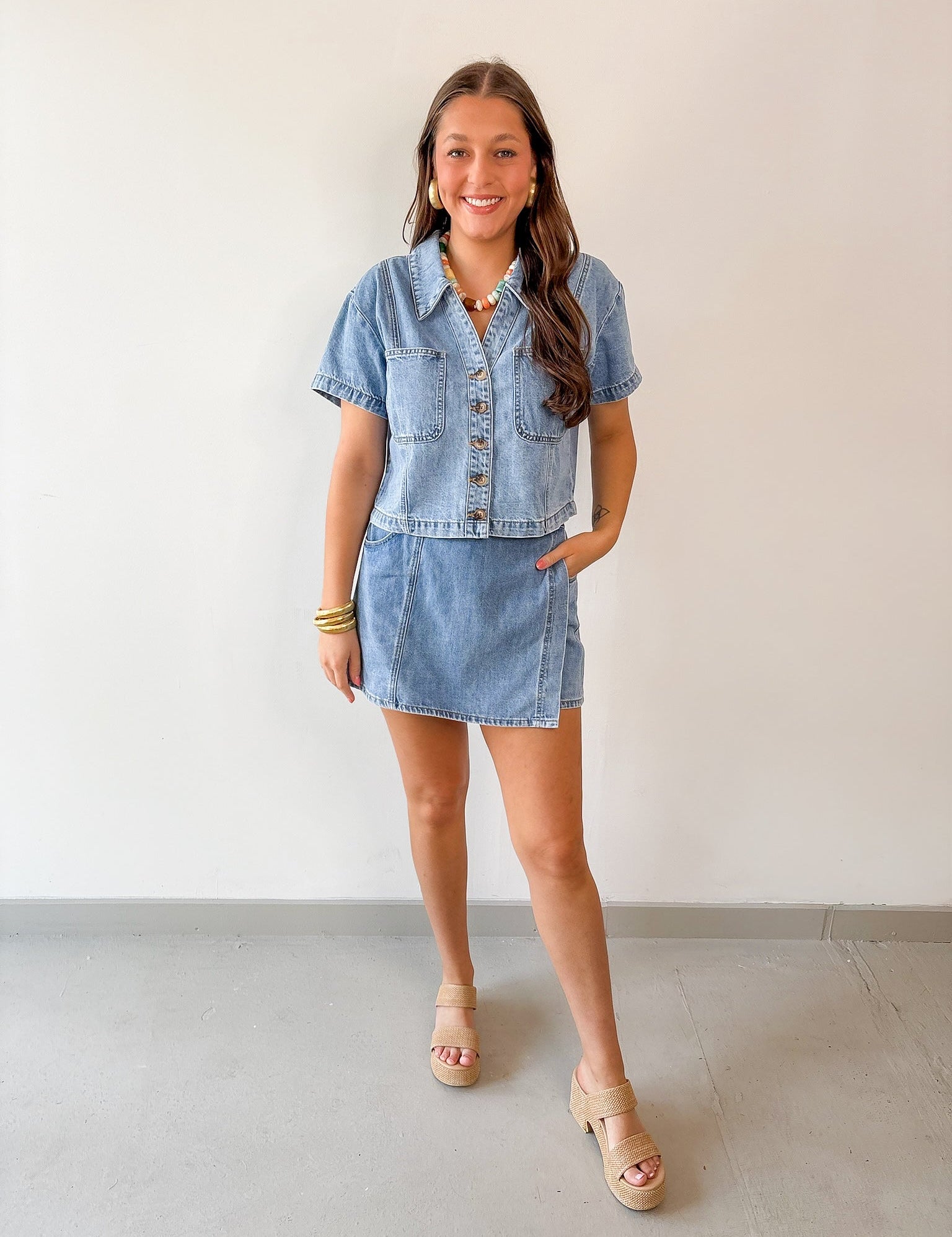 Denim Button - up Shirt & Skort Set