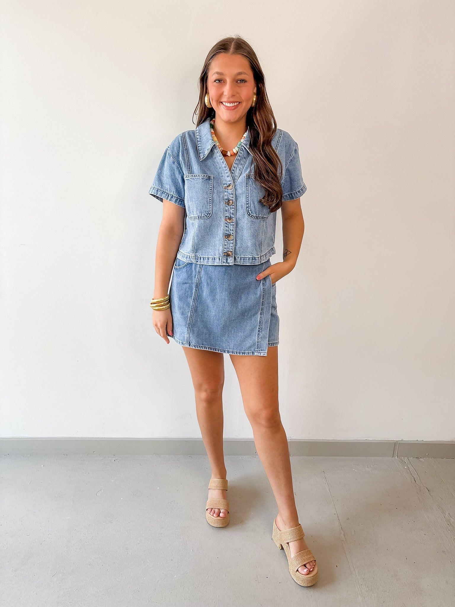 Denim Button - up Shirt & Skort Set