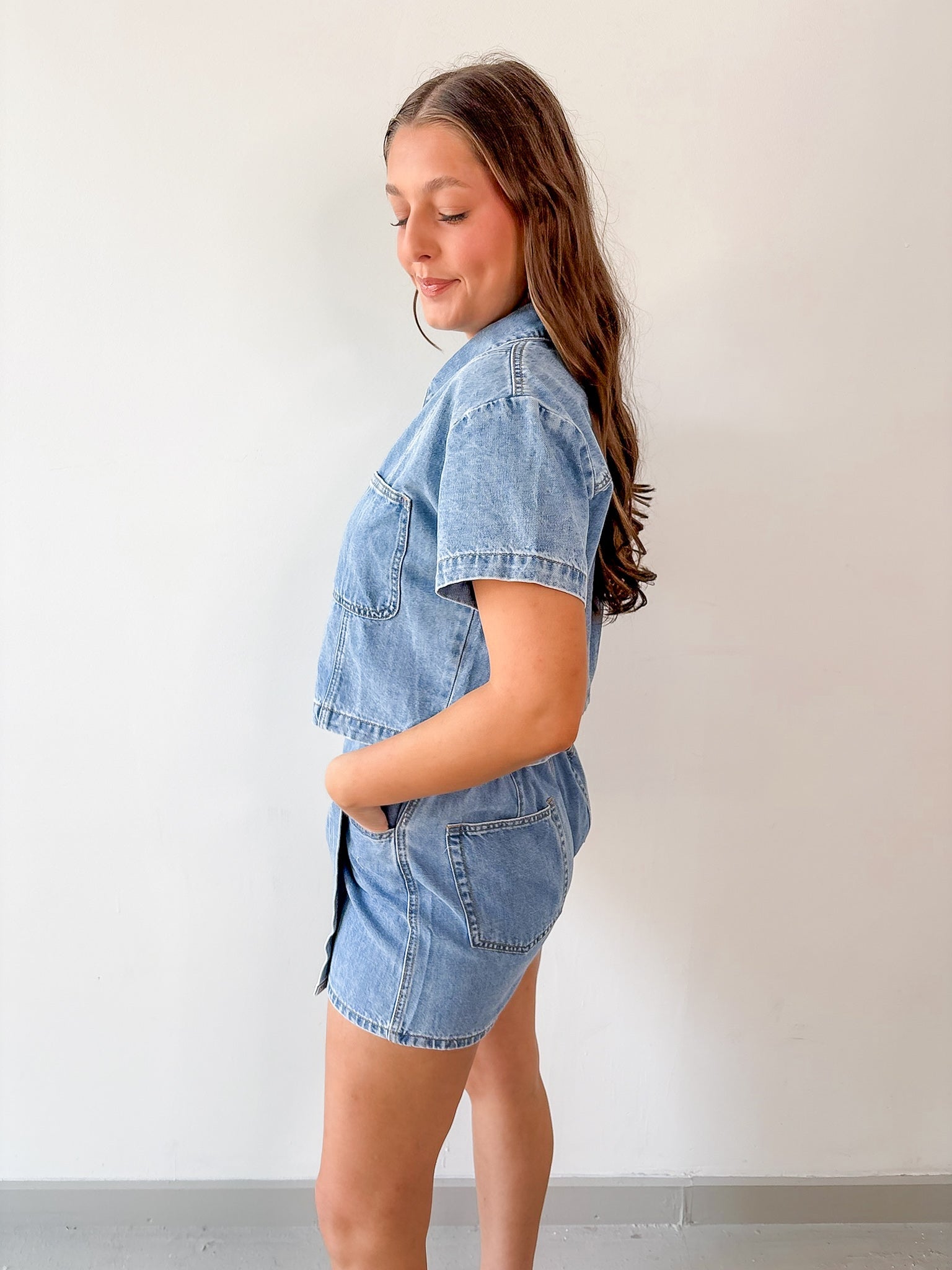 Denim Button - up Shirt & Skort Set