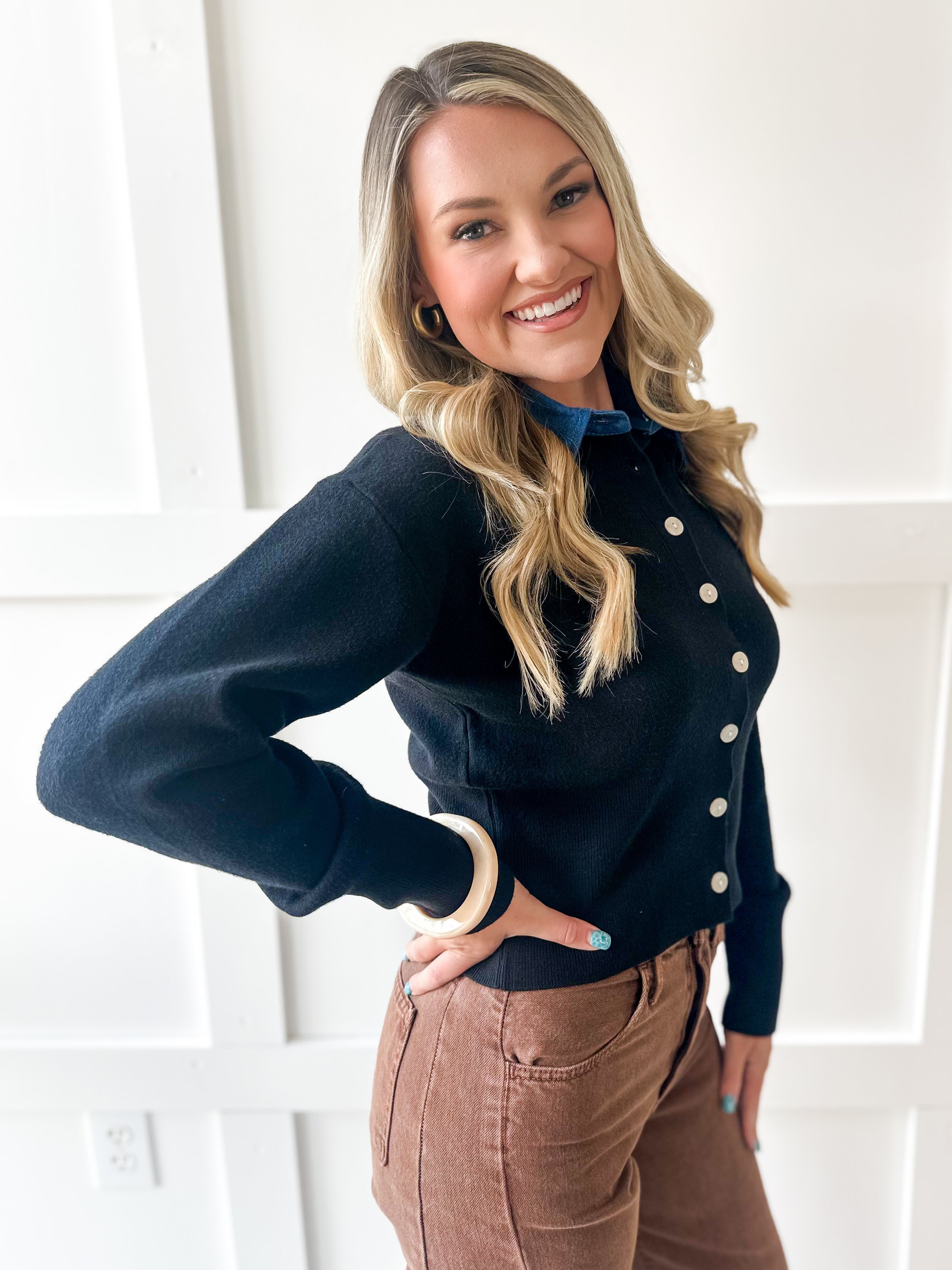 Denim Collar Knit Cardigan - Black