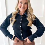 Denim Collar Knit Cardigan - Black